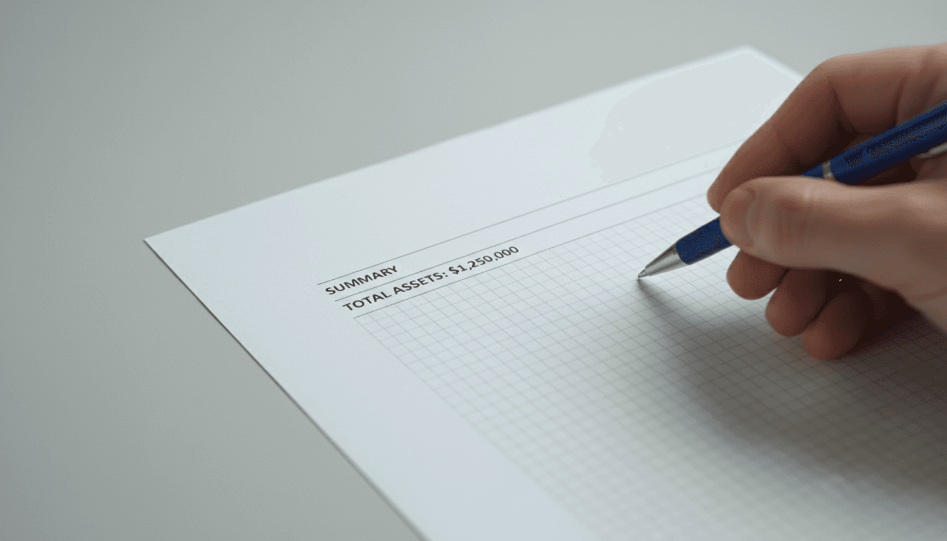 Printed financial statement with a pen pointing to key numbers