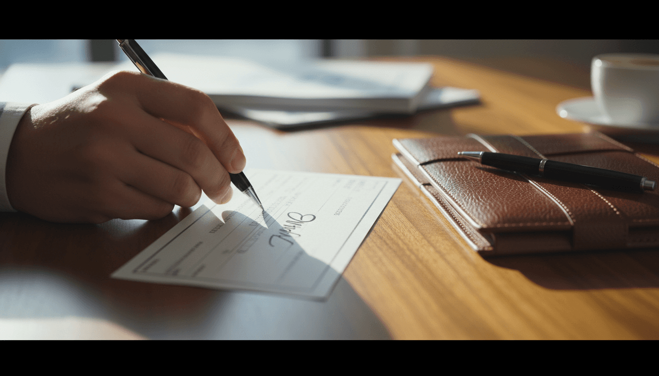 Hand signing a check for accounts payable