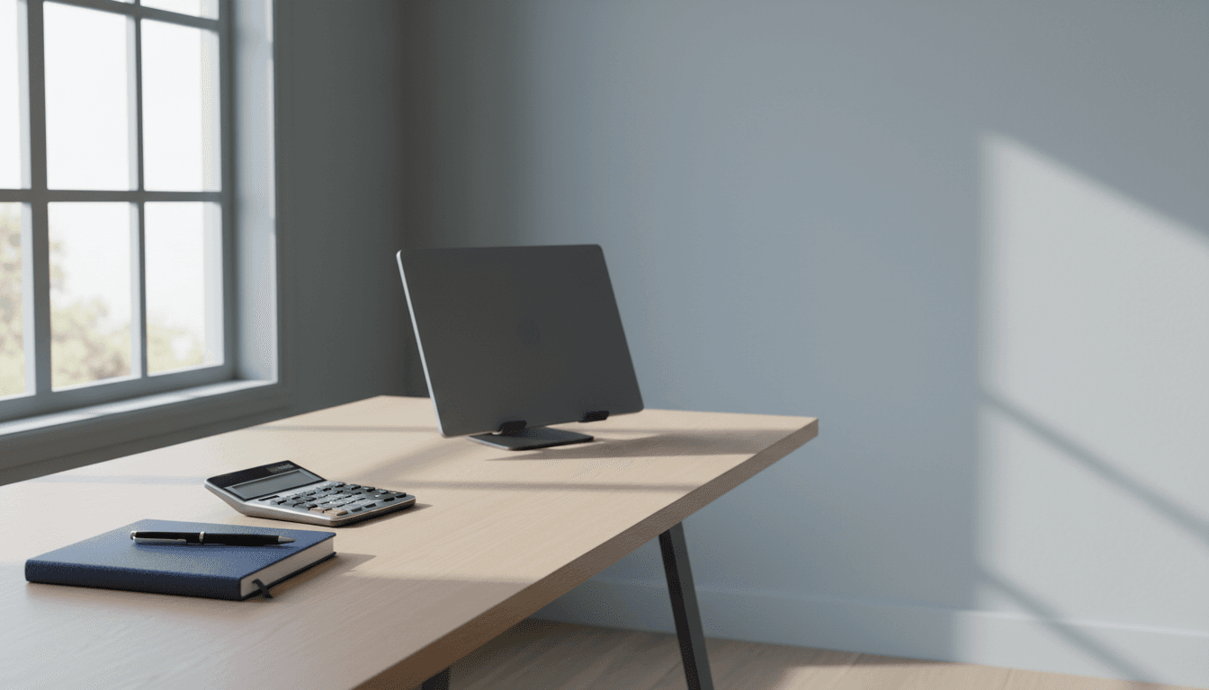 A clean desk with a notebook, pen, and calculator near a sunlit window