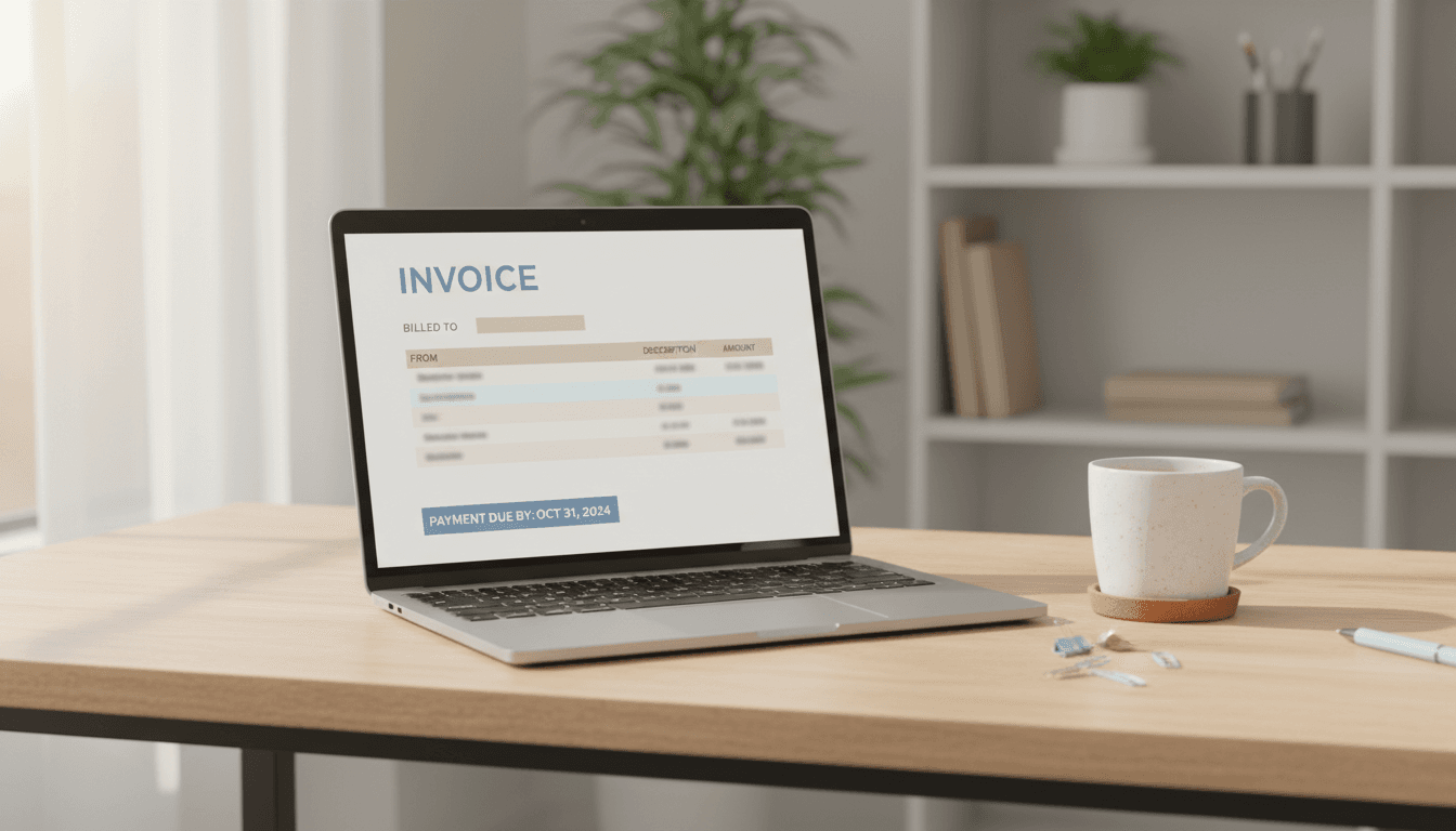 Invoice template on a laptop screen for accounts receivable